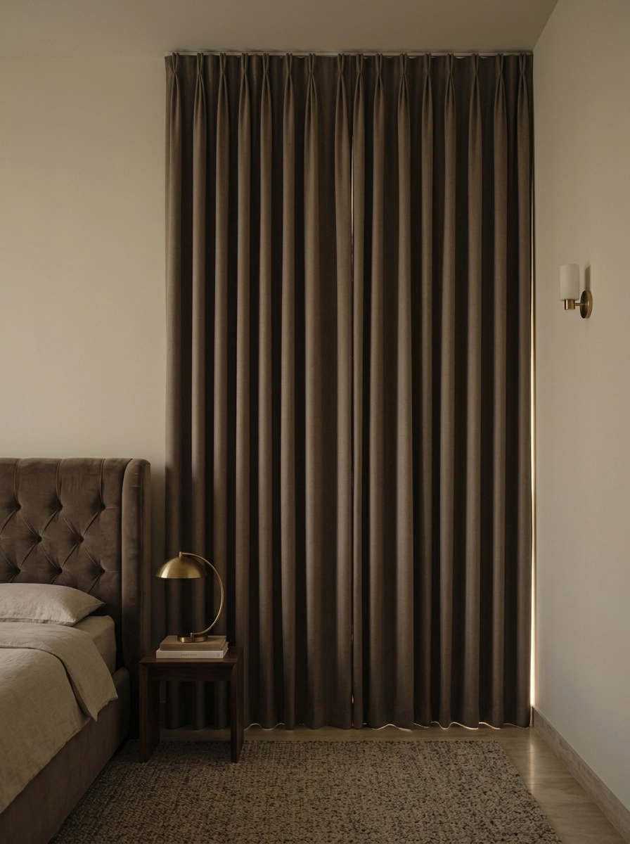Deep taupe blackout curtains in a bedroom