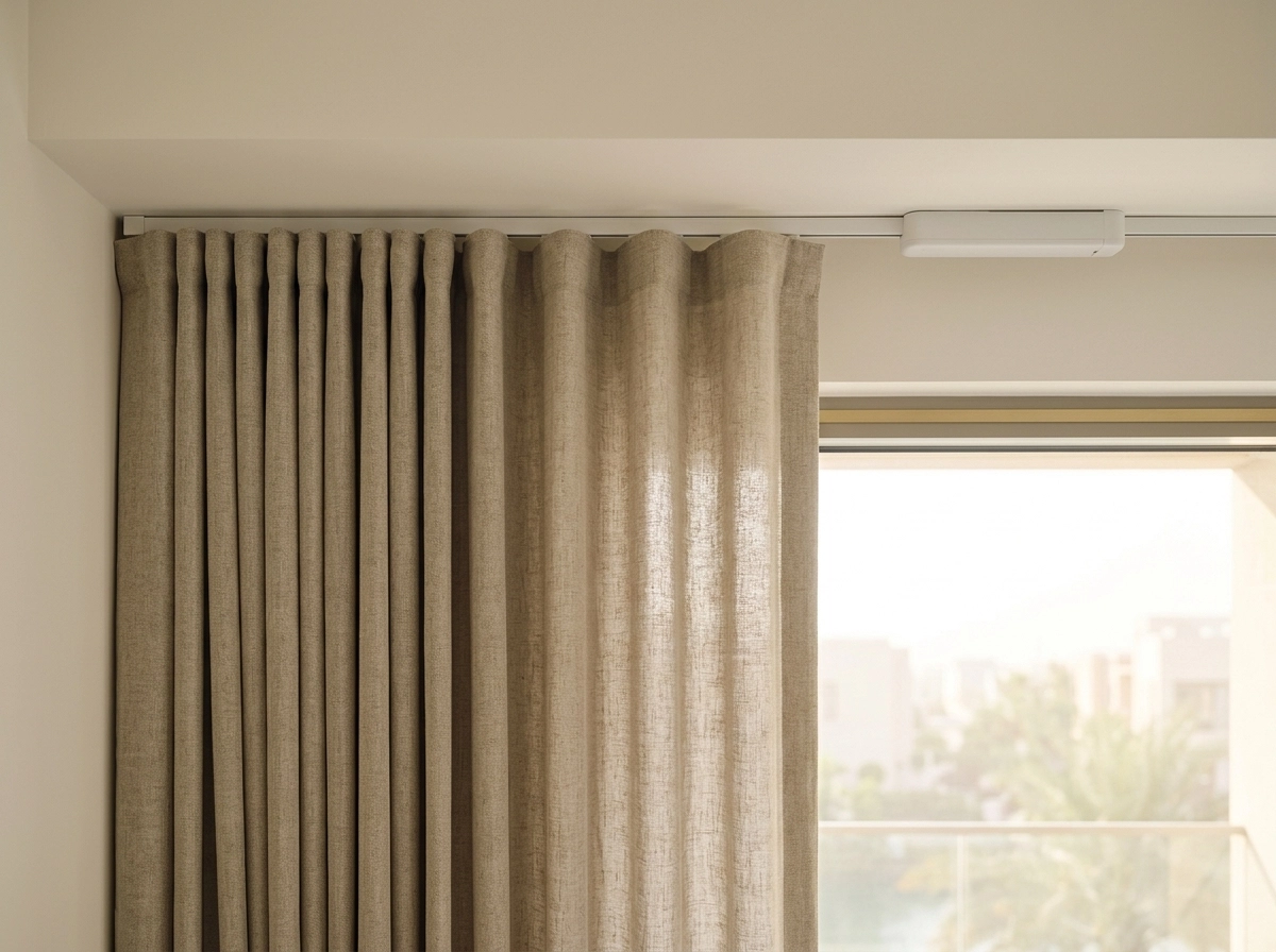 Motorized curtain track with wave-fold curtains