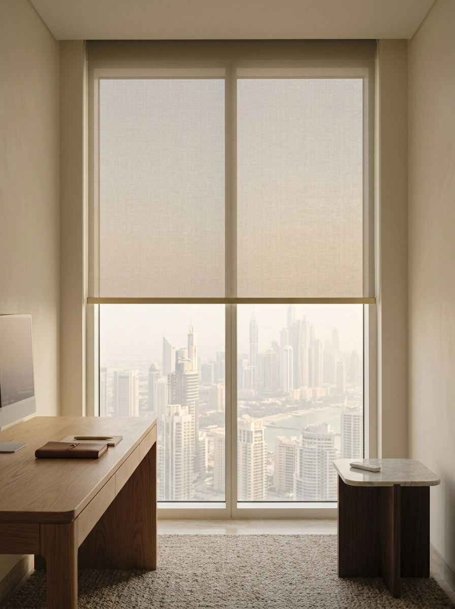 Greige sunscreen roller blind in a study