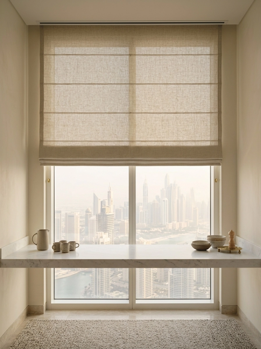 Oatmeal linen roman blind with soft folds