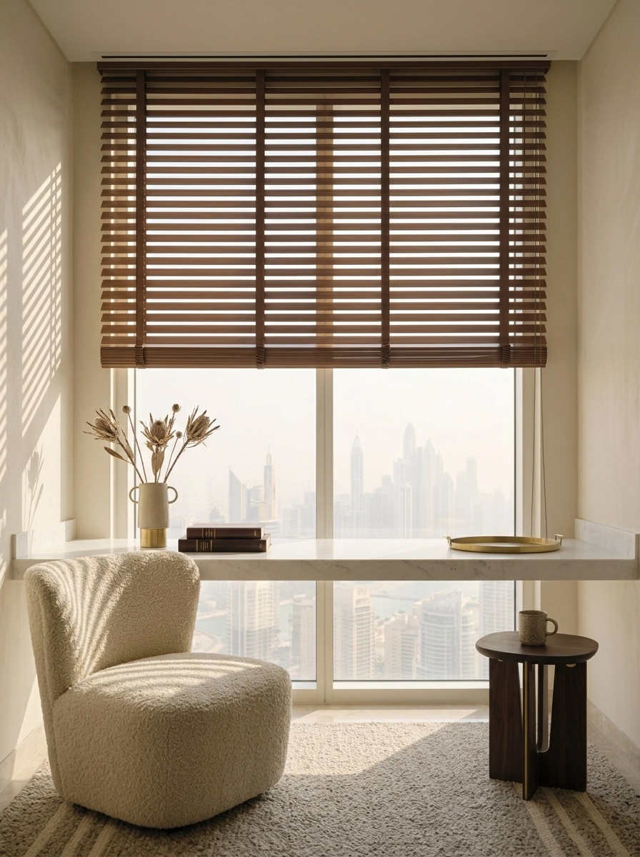 Walnut wooden blinds casting striped light