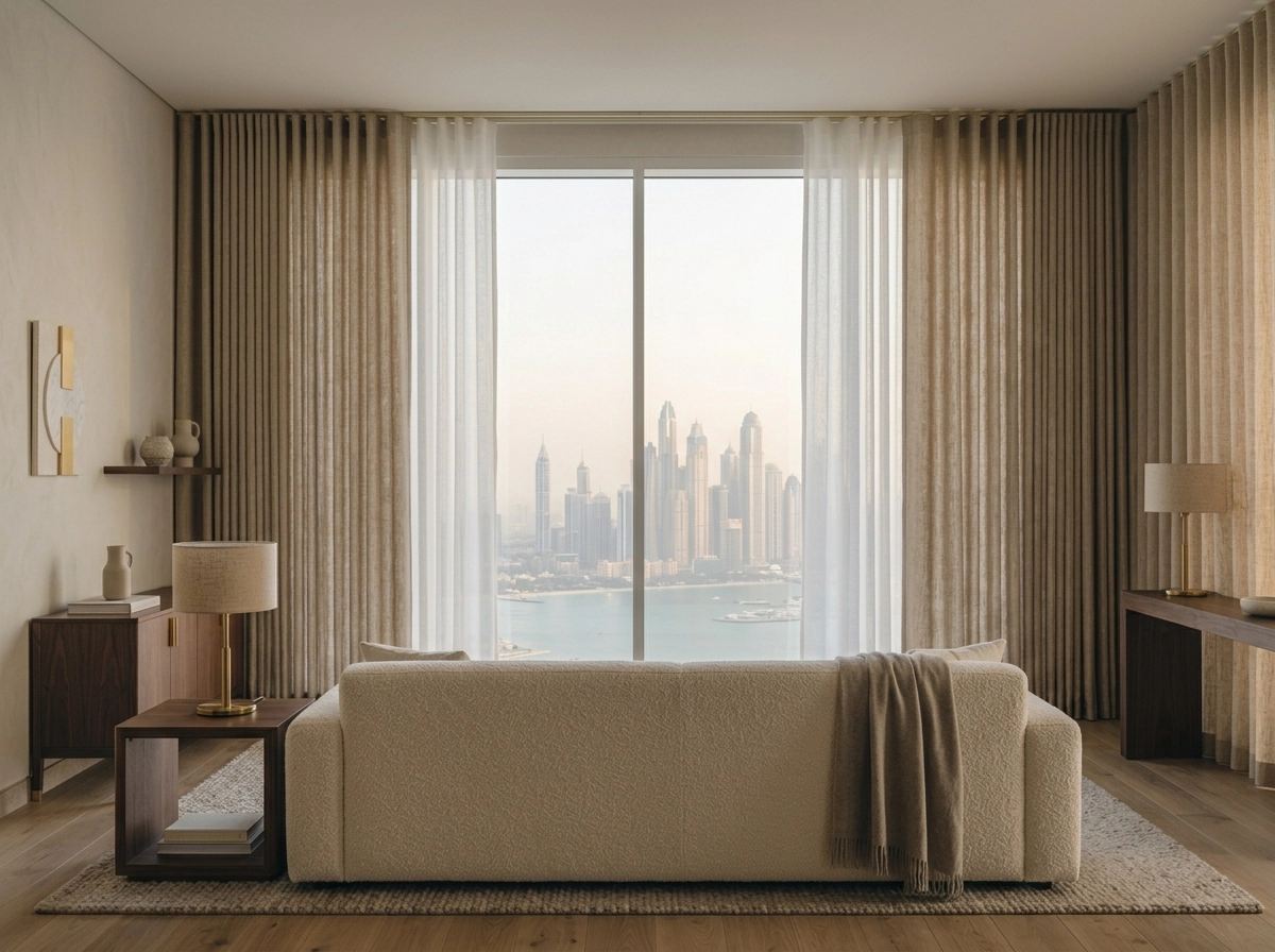The same living room dressed with oatmeal wave curtains and a white sheer