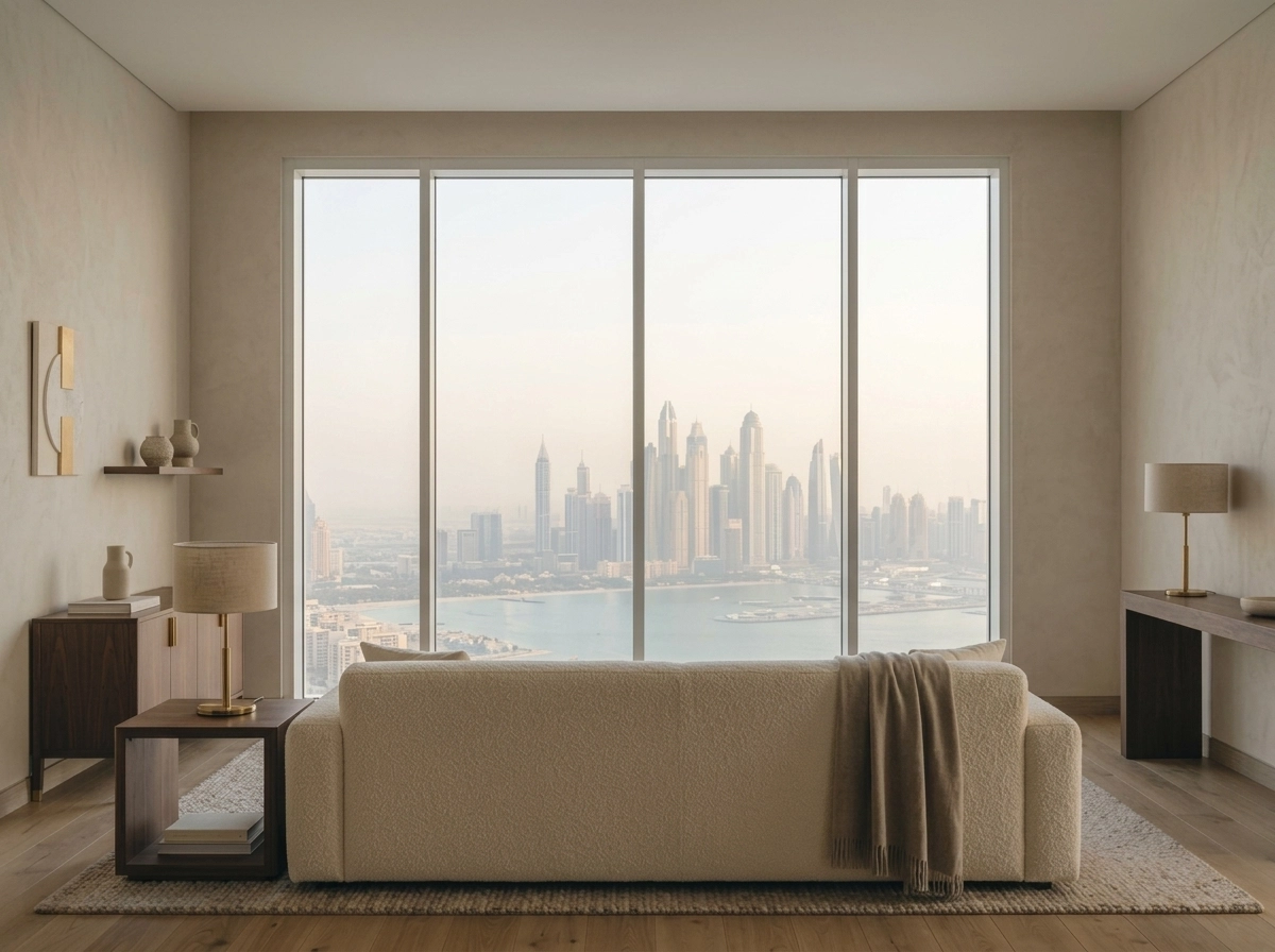 Living room with a bare floor-to-ceiling window, before curtains