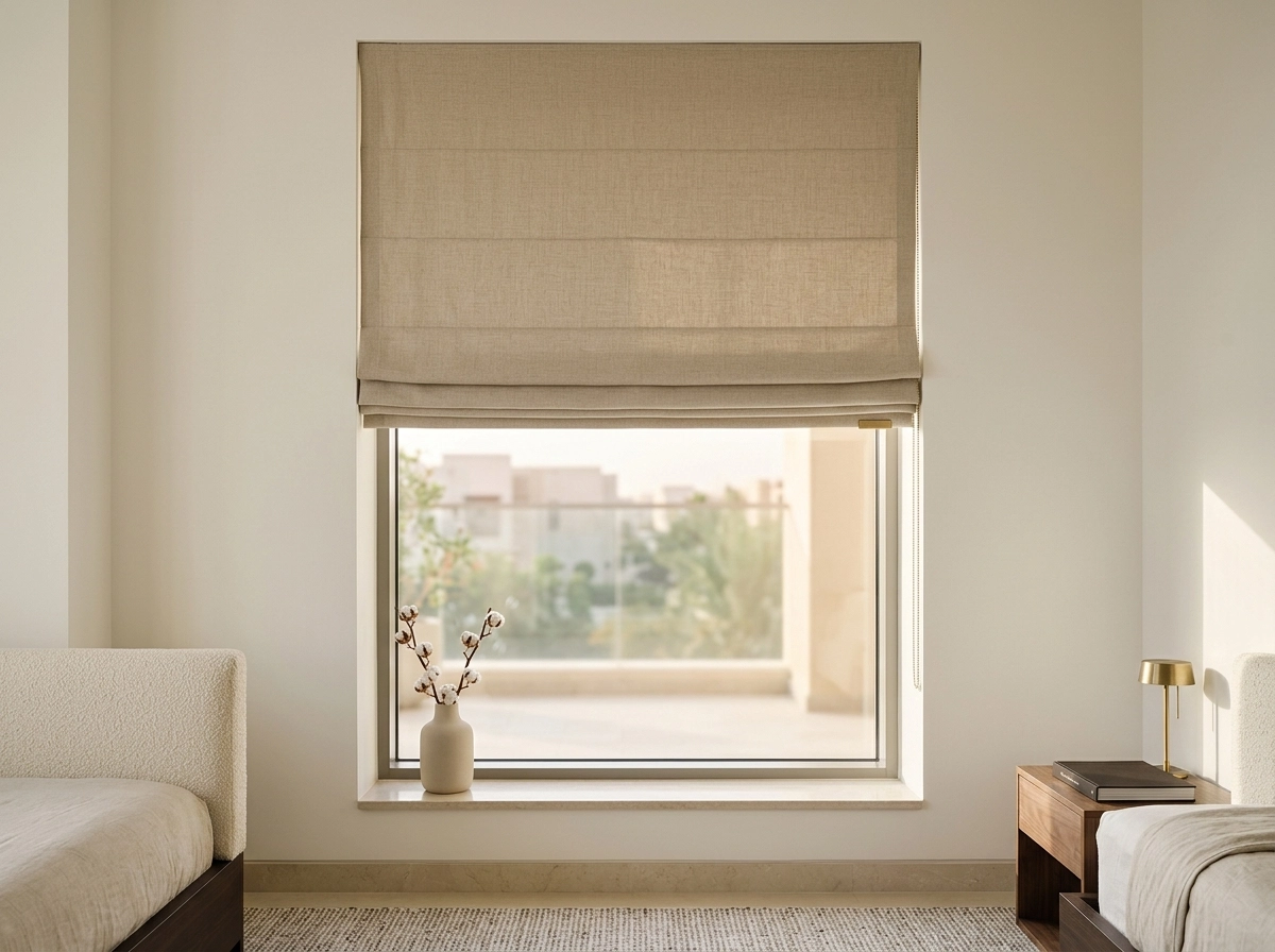 Roman blind in oatmeal linen over a bedroom window