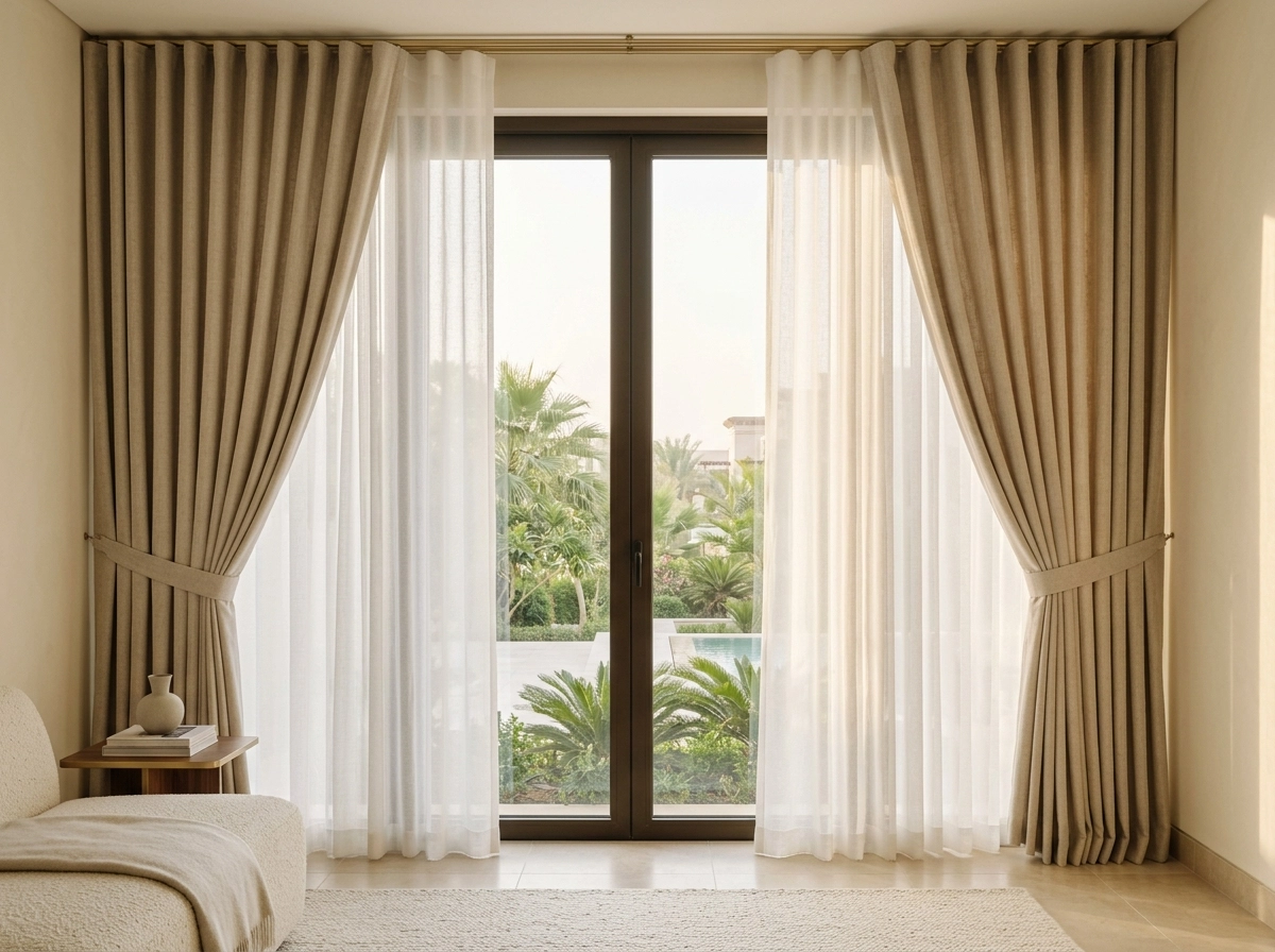 Sheer and linen curtains on a brass track in a Dubai villa
