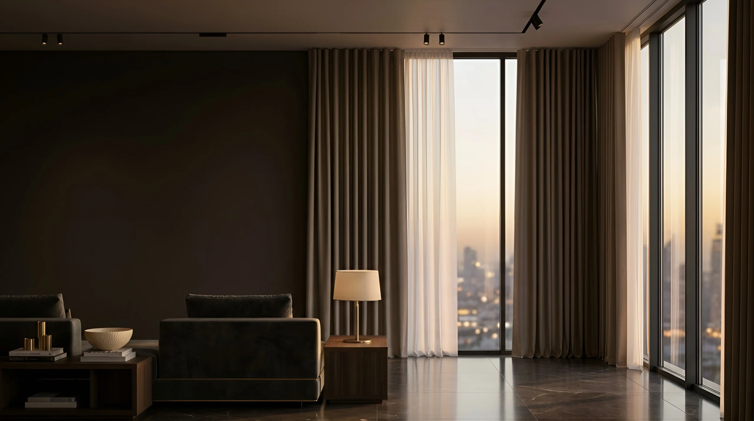 Floor-to-ceiling taupe curtains and white sheers in a Dubai apartment at dusk